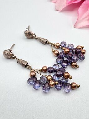 Purple AB Glass Bead Cluster Drop Earrings Tested Silver Fairycore Ethereal